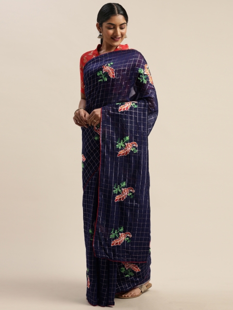 

LADUSAA Navy Blue Silk Blend Embroidered Chanderi Saree