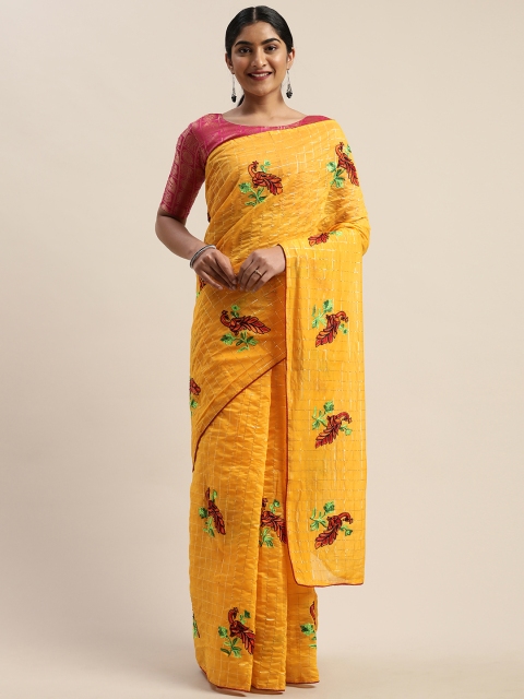 

LADUSAA Yellow Silk Blend Checked with Embroidery Chanderi Saree