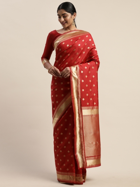 

LADUSAA Red & Gold-Toned Woven Design Kanjeevaram Saree