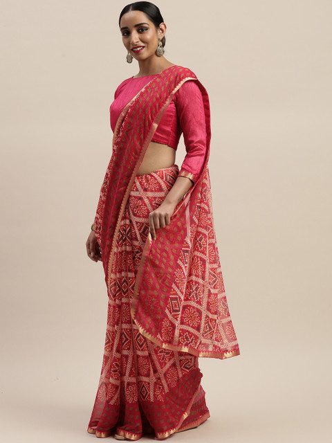 

LADUSAA Pink Poly Chiffon Printed Bandhani Saree