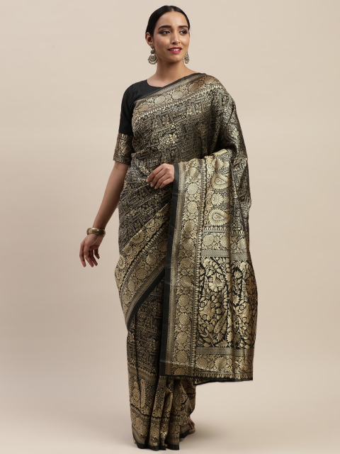 

LADUSAA Black & Golden Woven Design Kanjeevaram Saree