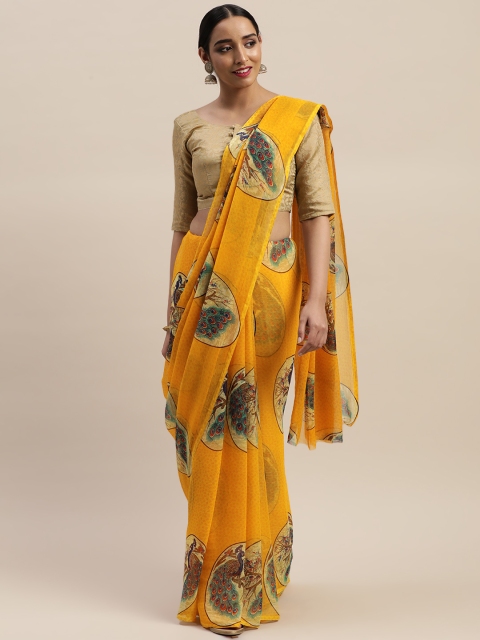 

LADUSAA Mustard Yellow & Blue Printed Bandhani Saree