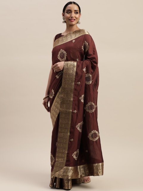 

LADUSAA Brown Silk Blend Woven Design Kanjeevaram Saree