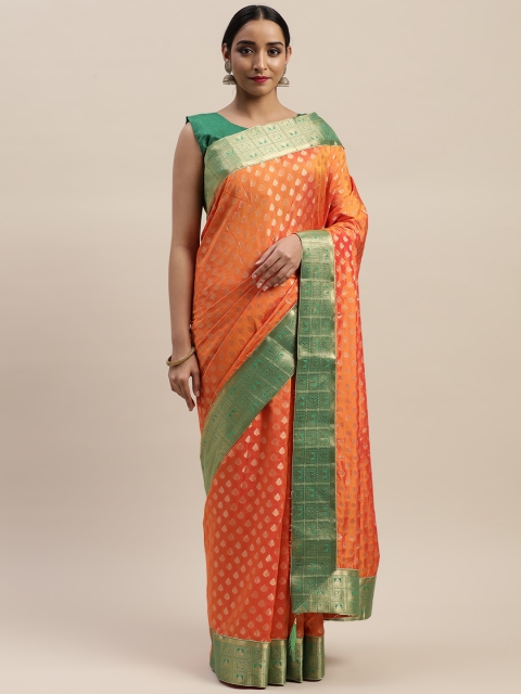 

LADUSAA Orange Silk Blend Woven Design Banarasi Saree