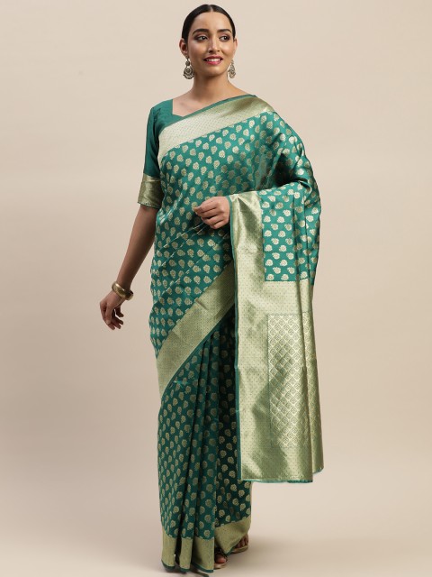 

LADUSAA Green & Gold-Toned Woven Design Kanjeevaram Saree