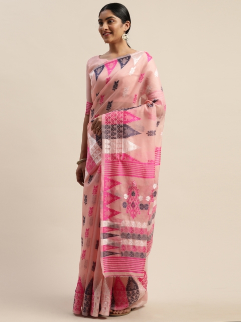 

LADUSAA Pink Silk Cotton Woven Design Jamdani Saree