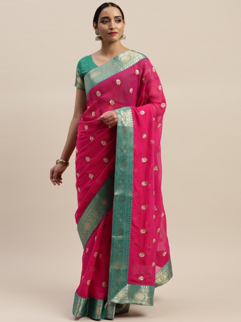 

LADUSAA Pink Embroidered Banarasi Saree