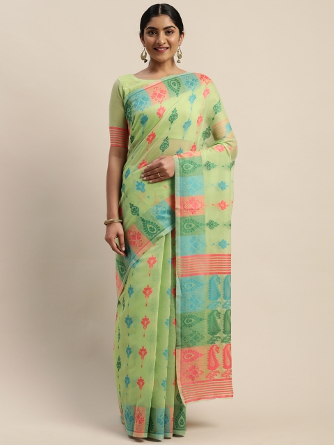

LADUSAA Green & Blue Silk Cotton Woven Design Jamdani Saree