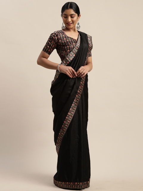 

LADUSAA Black & Pink Silk Blend Solid Saree