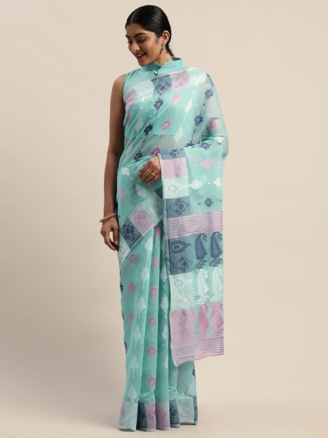 

LADUSAA Blue Silk Cotton Woven Design Jamdani Saree