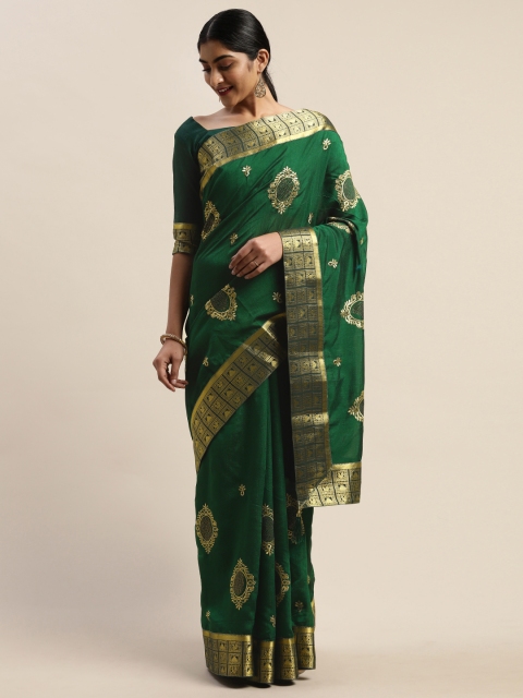 

LADUSAA Green & Gold-Toned Embroidered Kanjeevaram Saree