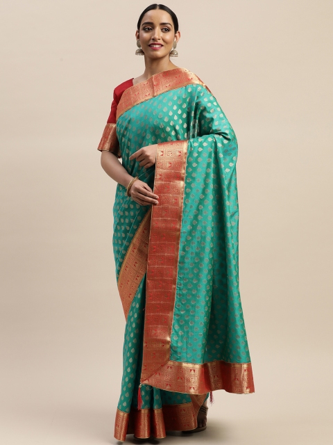 

LADUSAA Turquoise Blue & Gold-Toned Woven Design Banarasi Saree