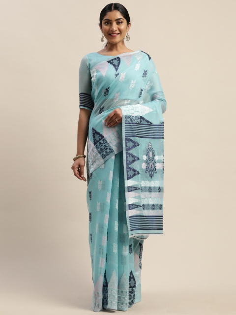

LADUSAA Turquoise Blue Silk Cotton Woven Design Jamdani Saree