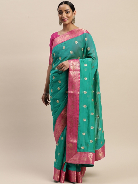 

LADUSAA Sea Green & Gold-Toned Embroidered Banarasi Saree