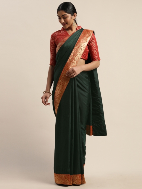 

LADUSAA Green Solid Silk Blend Saree