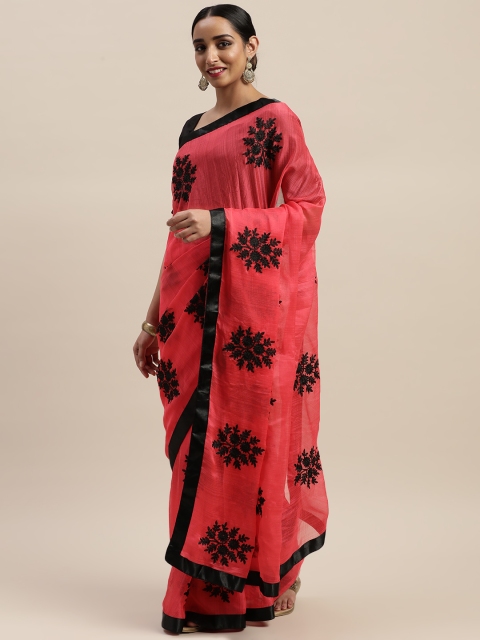 

LADUSAA Pink & Black Embroidered Saree