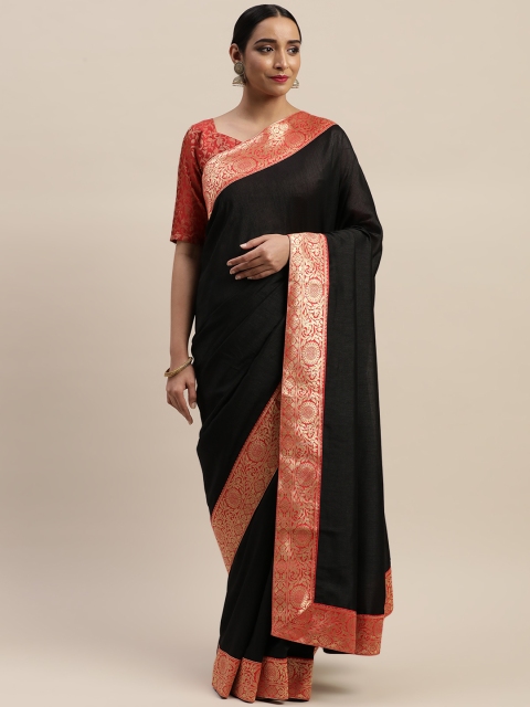 

LADUSAA Black Solid Silk Blend Saree