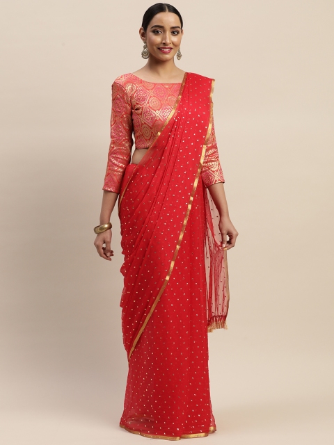 

LADUSAA Red Poly Chiffon Embellished Pochampally Saree