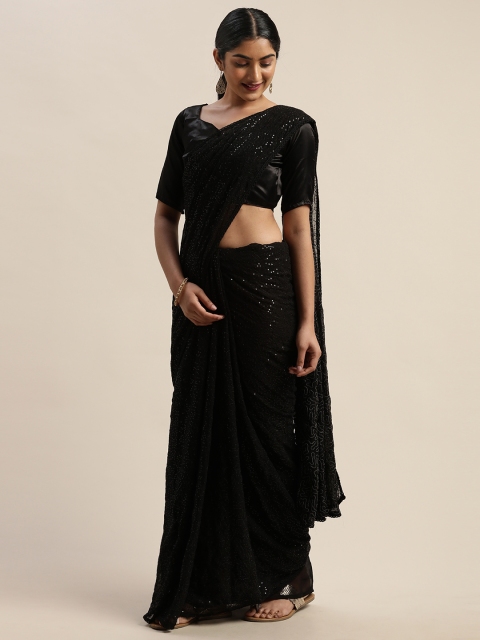 

LADUSAA Black Embellished Poly Georgette Saree