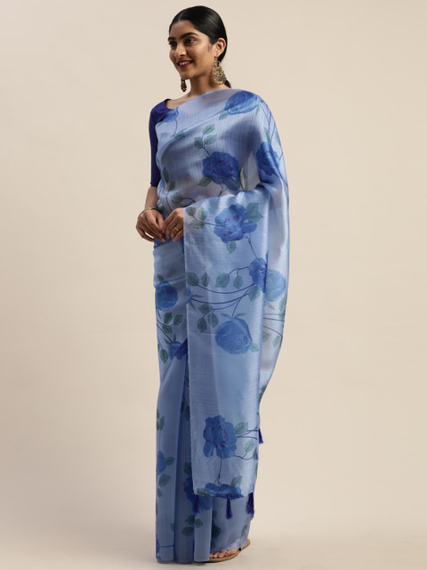 

LADUSAA Blue Printed Organza Saree