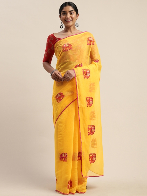 

LADUSAA Yellow Polycotton Embroidered Chanderi Saree