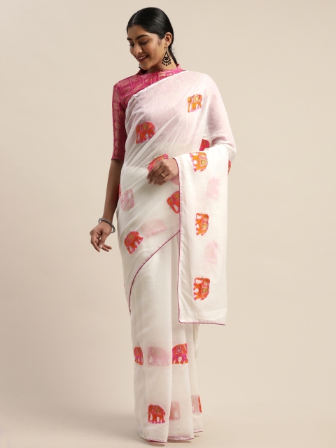 

LADUSAA White Embroidered Chanderi Saree