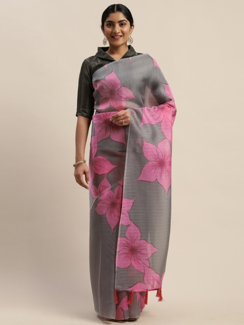 

LADUSAA Grey & Pink Printed Saree