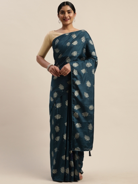 

LADUSAA Teal Blue & Beige Printed Saree