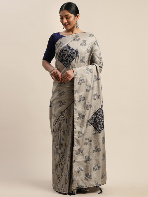 

LADUSAA Grey & Navy Blue Printed Saree
