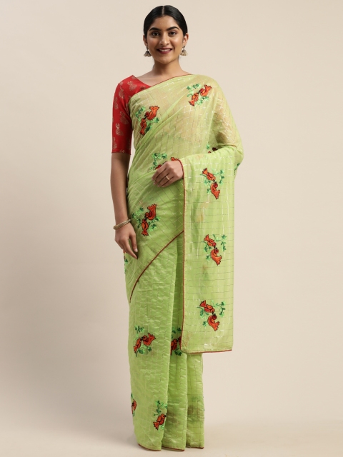 

LADUSAA Green Silk Blend Embroidered Chanderi Saree