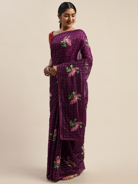 

LADUSAA Purple Silk Blend Embroidered Chanderi Saree
