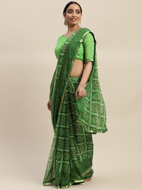 

LADUSAA Green & Off-White Printed Bandhani Saree