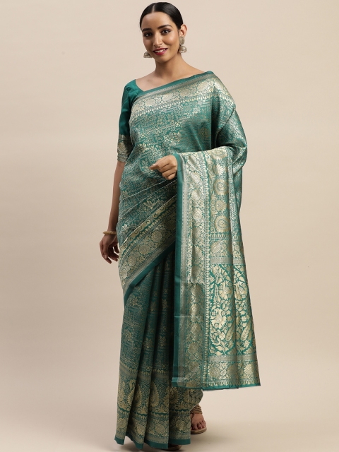 

LADUSAA Teal Green & Gold-Toned Woven Design Kanjeevaram Saree