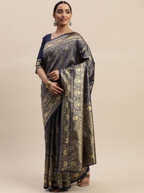 

LADUSAA Navy Blue & Gold-Toned Woven Design Kanjeevaram Saree