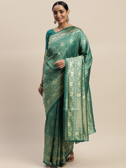 

LADUSAA Green & Gold-Toned Woven Design Kanjeevaram Saree