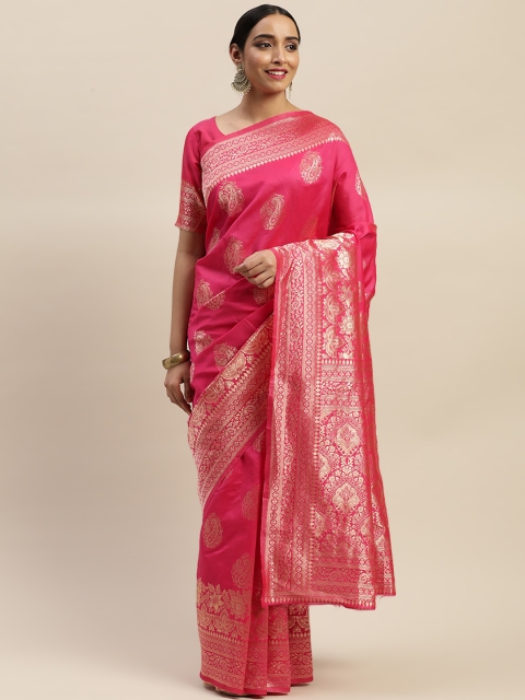 

LADUSAA Pink Lichi Silk Woven Design Kanjeevaram Saree
