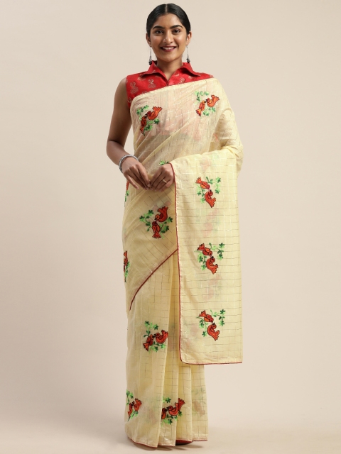 

LADUSAA Beige Silk Blend Checked with Embroidery Chanderi Saree