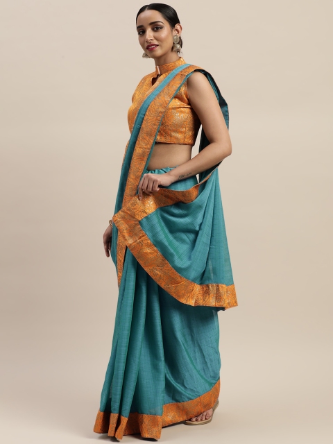 

LADUSAA Teal Blue & Mustard Yellow Solid Saree