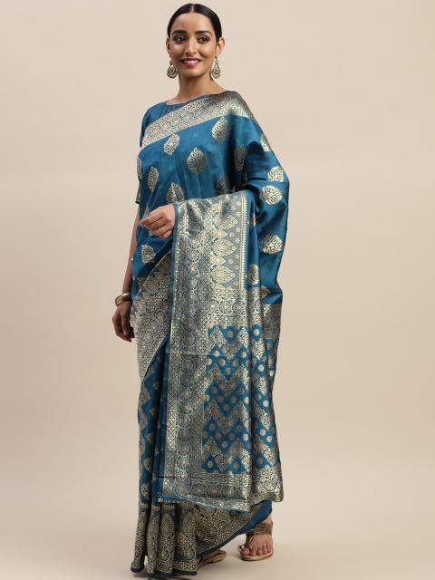 

LADUSAA Teal Blue & Gold-Toned Silk Blend Woven Design Kanjeevaram Saree