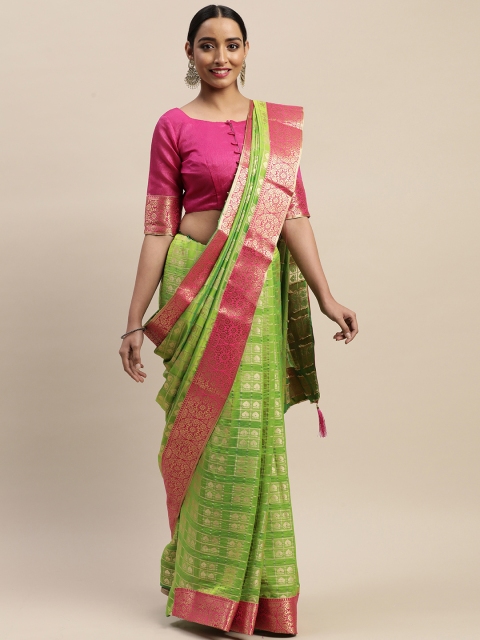 

LADUSAA Lime Green & Gold-Toned Woven Design Banarasi Saree