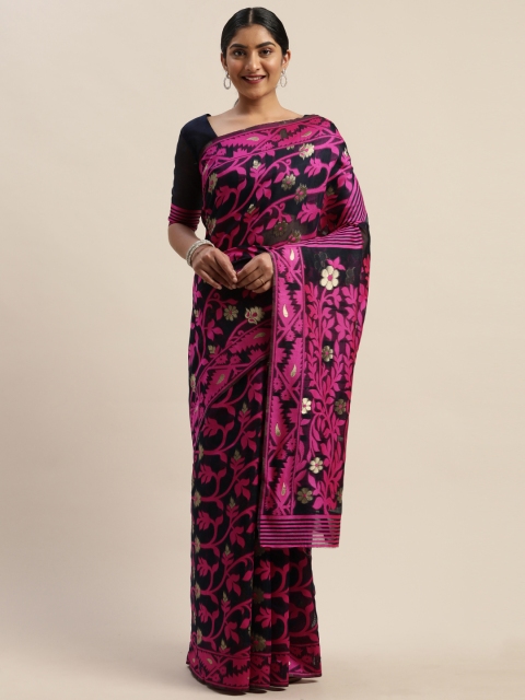 

LADUSAA Black & Pink Woven Design Jamdani Saree