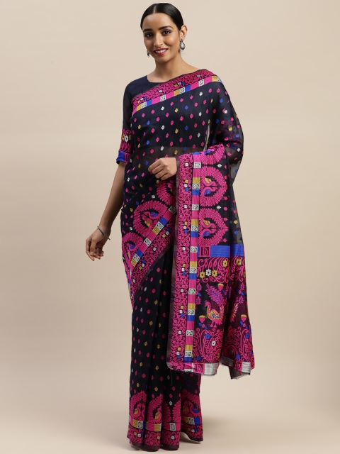 

LADUSAA Navy Blue & Pink Woven Design Jamdani Saree