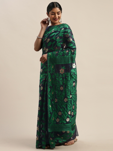 

LADUSAA Navy Blue & Green Woven Design Jamdani Saree