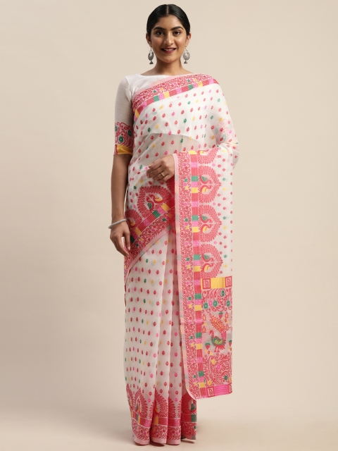 

LADUSAA White & Red Woven Design Jamdani Saree