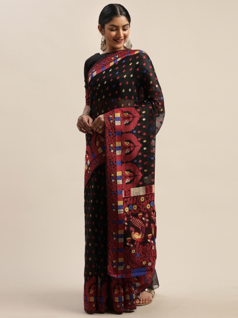 

LADUSAA Black & Red Woven Design Jamdani Saree
