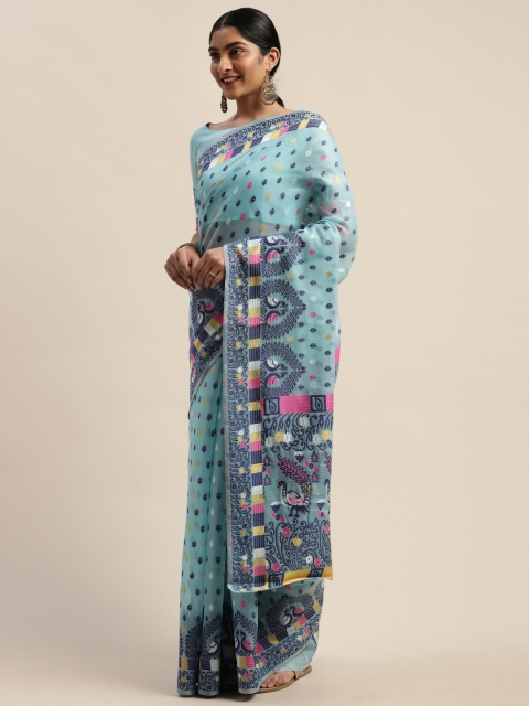 

LADUSAA Turquoise Blue Woven Design Jamdani Saree