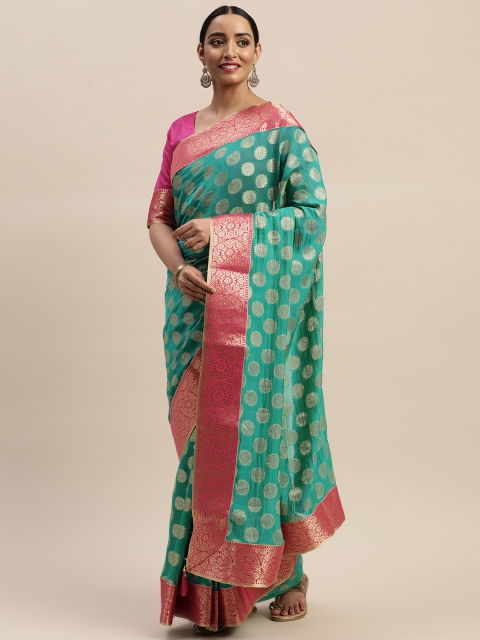 

LADUSAA Turquoise Blue & Gold-Toned Nylon Woven Design Banarasi Saree