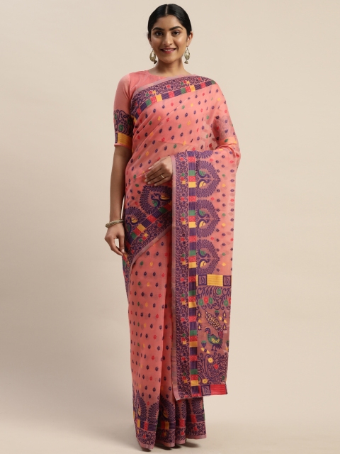 

LADUSAA Pink & Navy Blue Silk Cotton Woven Design Jamdani Saree