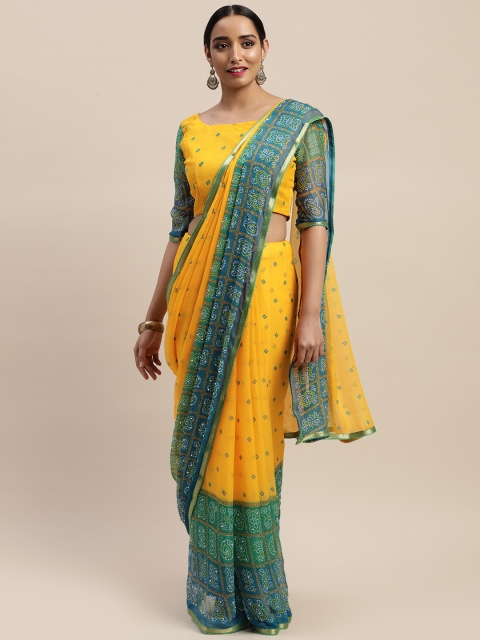 

LADUSAA Mustard Yellow & Green Printed Bandhani Saree