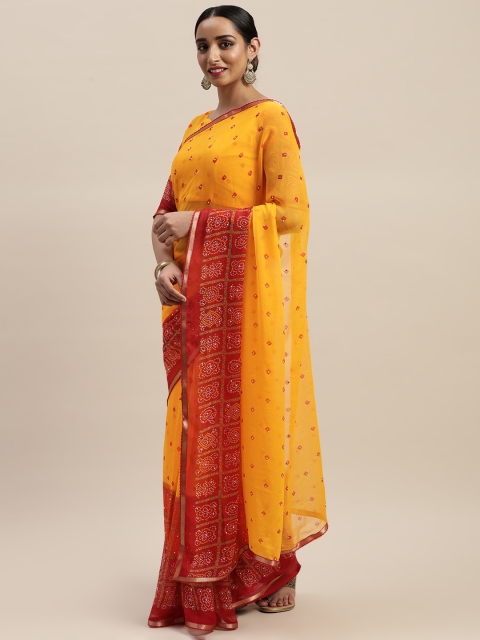 

LADUSAA Mustard Yellow & Maroon Printed Bandhani Saree